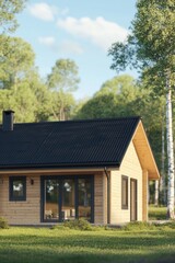 Obraz premium A contemporary wooden house nestled amid a vibrant, lush green forest, basking in the warm sunlight of a clear afternoon sky