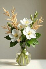 Obraz premium A natural arrangement of white flowers and beige leaves in a vase, leaves, greenery, beige