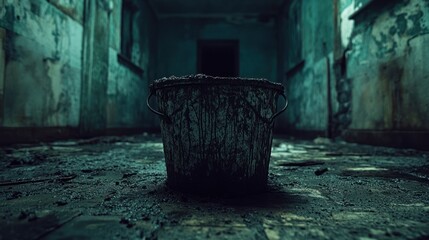 Fototapeta premium Abandoned hallway, dirty bucket, dimly lit, mysterious old building