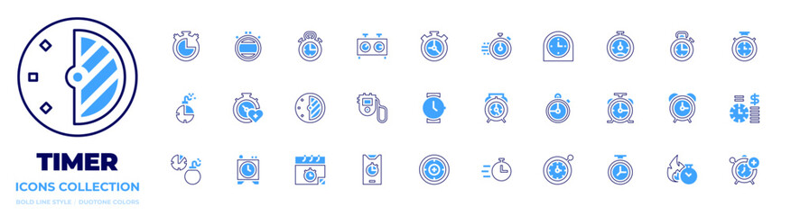 Timer icon collection. Bold line style. Duotone colors. chronometer, deadline, timer, wristwatch, stopwatch, time, mobilephone, alarm, calendar, alarmclock