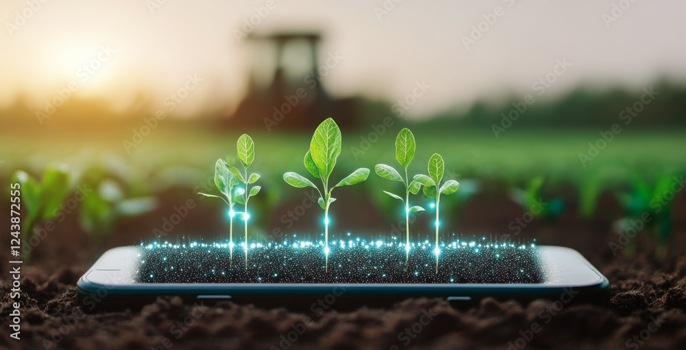 Aufkleber innovative technology merges with agriculture as young plants grow from the soil atop a smartphone. 