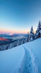 Obraz premium A serene winter landscape with snow-covered hills and trees under a bright blue sky at dusk, cold, serene, hill