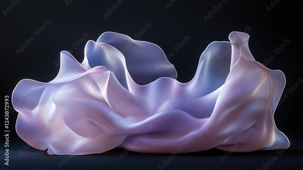 Poster abstract flowing light purple and white fabric with soft waves, showcasing smooth textures and elega
