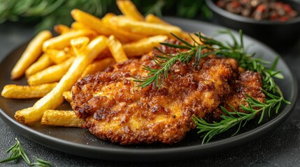 Fototapeta premium Crispy Chicken Cutlets with French Fries on Dark Plate, Rosemary Garnish, Dark Background