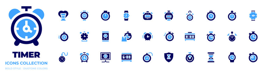 Timer icon collection. Bold style. Duotone colors. alarmclock, timer, wristwatch, chronometer, flashsale, insurance, smartphone, stopwatch, clock