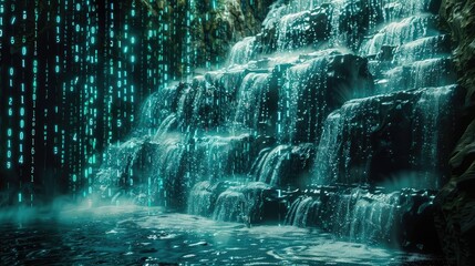 Binary code waterfall cascading into a digital abyss