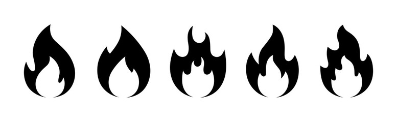Fire icon set vector illustration in black and white color on white background. Fire flame symbol. Bonfire silhouette logotype. Flames symbols set flat style. Simple vector flame icons in flat style.