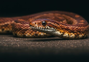 Fototapeta premium A close-up shot of a snake resting on the ground, showcasing its detailed scales and striking patterns against a blurred background.
