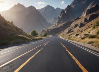 Naklejka premium Wide shot of a single lane asphalt highway winding through a mountainous terrain, nature, hills, single lane