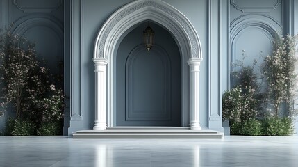 Elegant Archway Entrance with White Pillars and Greenery