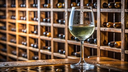 Wine glass with condensation on the outside, placed on a wine rack, wine enthusiast, wine lover, wine cellar, wine storage
