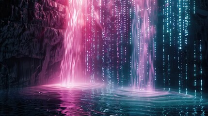 Binary code waterfall cascading into a digital abyss