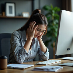 A woman at her office desk is overcome with stress and frustration, Her hands clutch her head as she battles with the overwhelming tasks, The scene captures the emotional toll of office pressures.