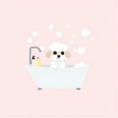 Cute dog taking a bath, playful mood, soft pink background, cartoon style, copy space