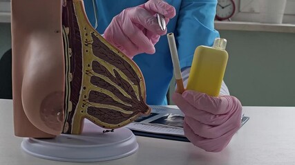 Mammologist gynecologist holds cigarettes and vape  female breast. Breast disease smoking e-cigarettes