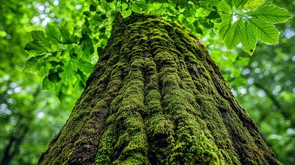 Fototapeta premium Lush Mossy Tree Trunk in Serene Forest Nature Photography Vibrant Green Environment Close-Up Perspective