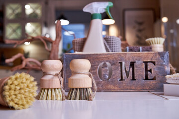 Eco-style cleaning, wooden brushes with natural bristles and loofah sponges for washing dishes