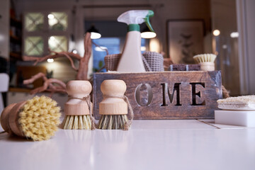 Eco-style cleaning, wooden brushes with natural bristles and loofah sponges for washing dishes