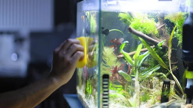 Aquarium service. Cleaning the glass in the aquarium.