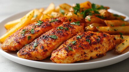 Crispy Fish Fingers & Fries on Plate, Delicious Meal, Gray Background
