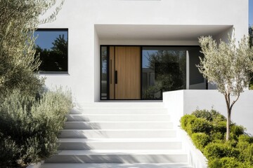 The contemporary facade of a minimalist house features a stylish wooden door, surrounded by vibrant greenery, all illuminated by the bright daylight