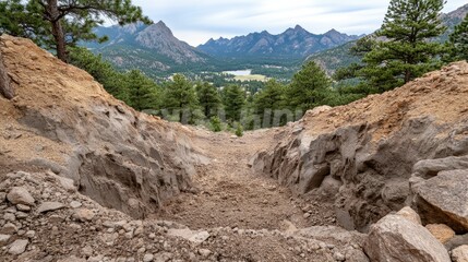Fototapeta premium Scenic mountain landscape showing a dirt pathway winding through forested terrain with rocky slopes and a lake in the distance during cloudy weather