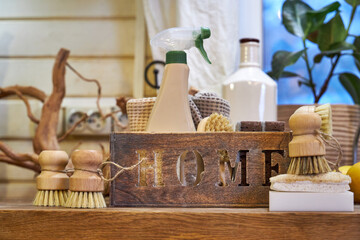 Eco-style cleaning, wooden brushes with natural bristles and loofah sponges for washing dishes