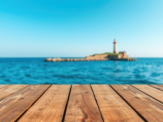 Naklejka premium Wooden table top on blurred sea water with lighthouse in the distance and clear blue summer sky, nautical theme, seaside scenery, lighthouse