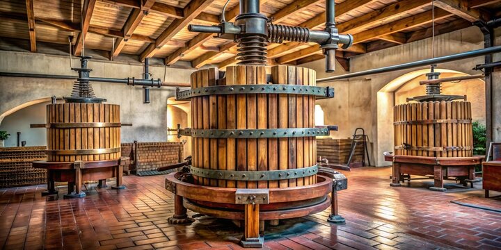 Wooden wine press with metal pipes and levers in a vintage winery, wooden wine press, wine press, metal pipes, levers, industrial