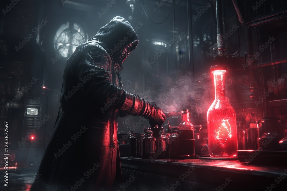 Poster a dark and eerie scene of a scientist conducting a forbidden experiment in an abandoned lab