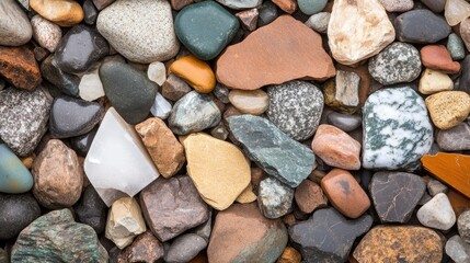 Varied collection of colorful stones and pebbles arranged naturally on a surface, showcasing the diversity of shapes and colors
