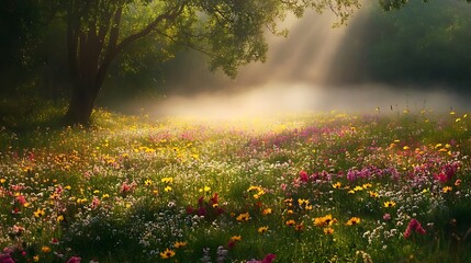 Obraz premium A misty forest clearing with a carpet of wildflowers and soft beams of sunlight breaking through the fog 