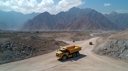 Heavy machinery operates in a vast mining area surrounded by majestic mountains under a clear blue sky during the day