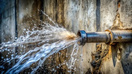 A Powerful Gush of Water Erupts from a Damaged Pipe Against a Weathered Wall