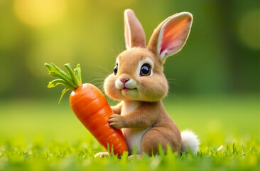 Fototapeta premium A little rabbit holds a large ripe carrot on the grass.