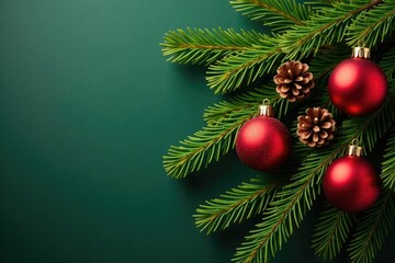 Lush green pine branch adorned with red glass ball ornaments and pinecones, holiday decor, spruce, seasonal celebration