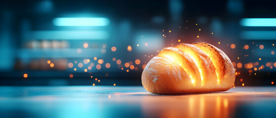 Freshly baked loaf of bread glowing with warmth against a modern kitchen backdrop, evoking a sense of comfort.