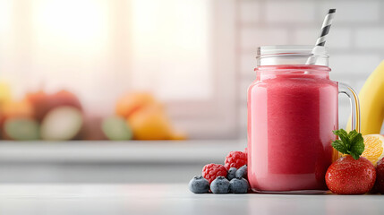 Fresh and vibrant fruit smoothie in a glass jar, garnished with berries and mint, perfect for a healthy lifestyle.