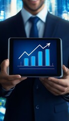 Businessman Holding Tablet with Rising Bar Graph Success, Growth, and Financial Concept