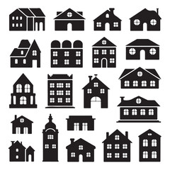 Collection of Simple Black Silhouette Building Icons