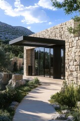 Fototapeta premium Modern stone house design nestled among lush greenery and mountains in a serene landscape with clear blue skies providing a beautiful backdrop
