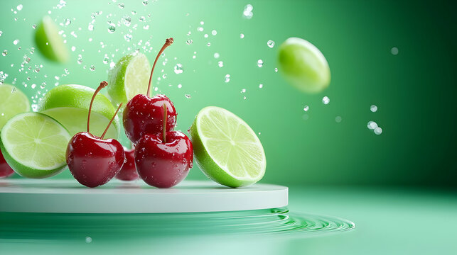 Fresh cherries and lime slices splashing against a vibrant green backdrop, showcasing vibrant colors and refreshing appeal.