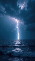 Dark clouds and lightning above the stormy sea, ominous, storm