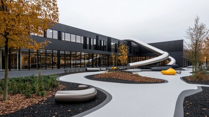 Modern architectural design featuring a playful slide and landscaped areas in a contemporary urban environment