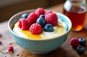 A healthy and hearty breakfast with berries and yogurt in a deep blue bowl.