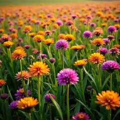 Sea of purple and yellow allium flowers in a field, landscape, field, earthy