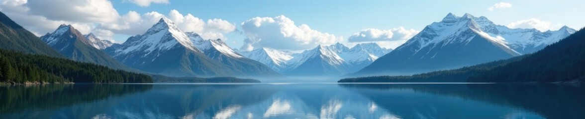 Fototapeta premium Serene mountain peaks rise above a tranquil lake, landscape, lake