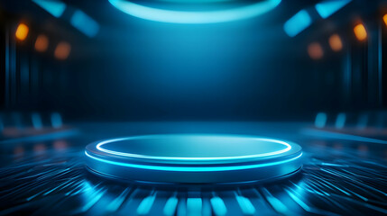 Futuristic blue illuminated platform in a modern sci-fi environment ready for showcasing advanced technology.