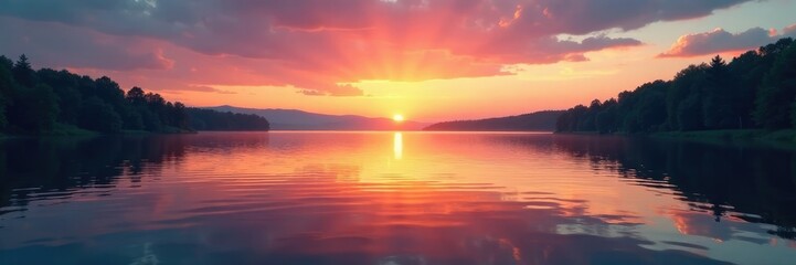 Fototapeta premium Shimmering lake surface reflections sunset sky, tranquil, lake, serenity