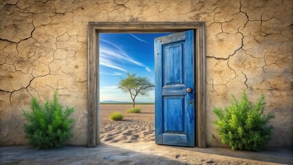 Fototapeta premium A weathered doorway opens to reveal a sun-drenched desert landscape with a lone tree